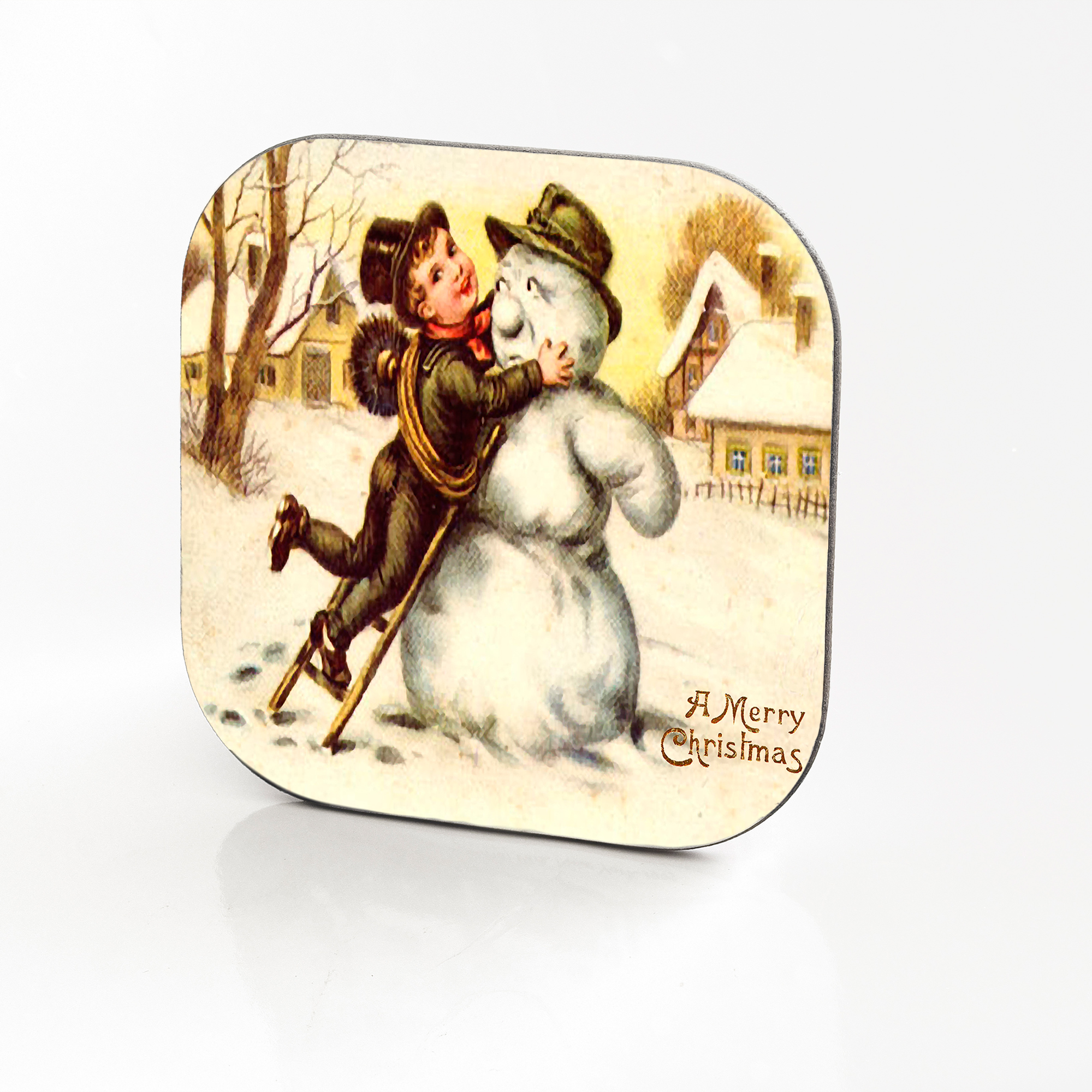 Vintage Christmas Postcard Hardboard & Fiberglass Coaster (b)