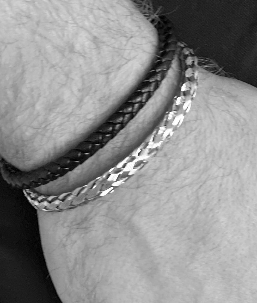 Mens Braided Leather Cuff with Braided Silver Cuff