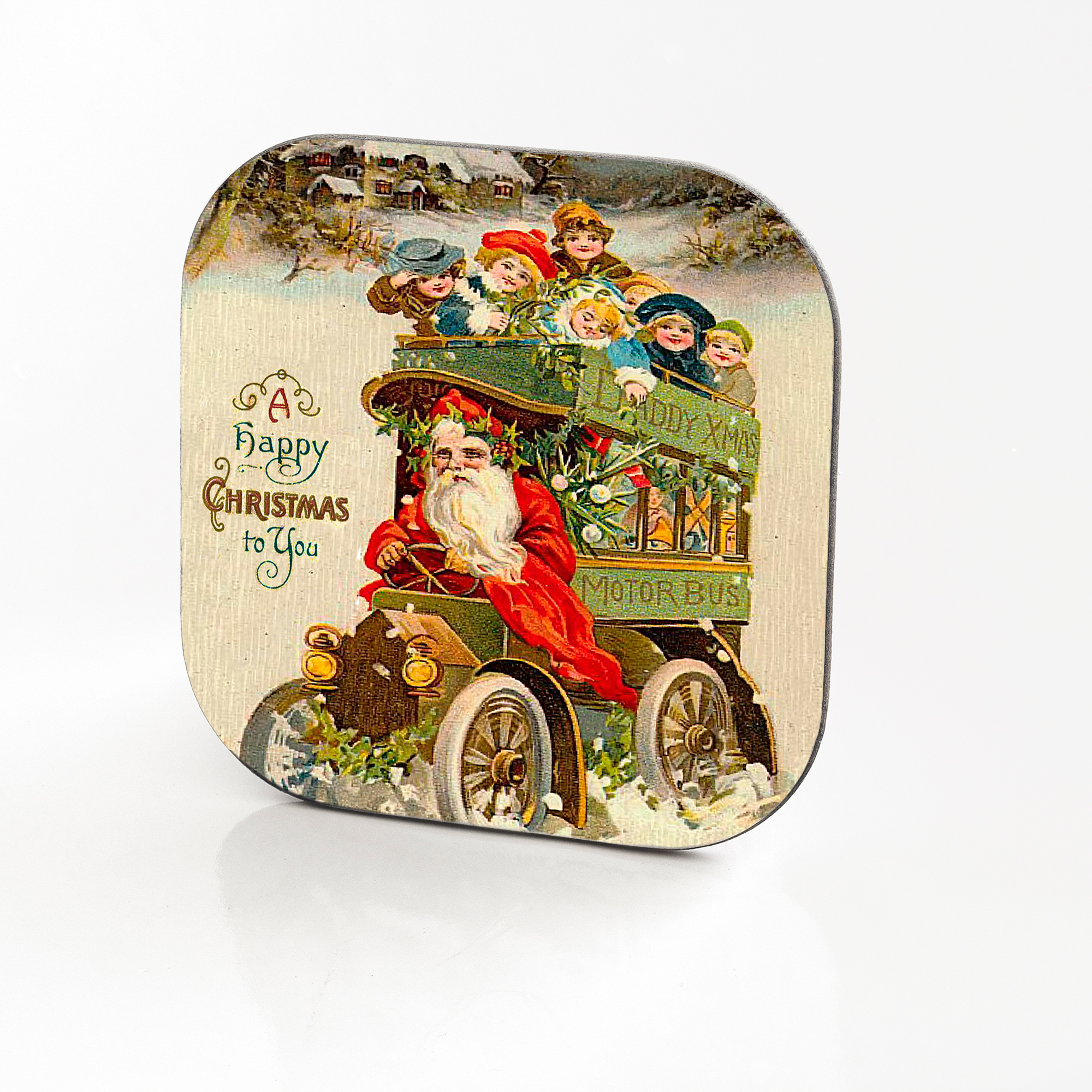 Vintage Christmas Postcard Hardboard & Fiberglass Coaster (d)