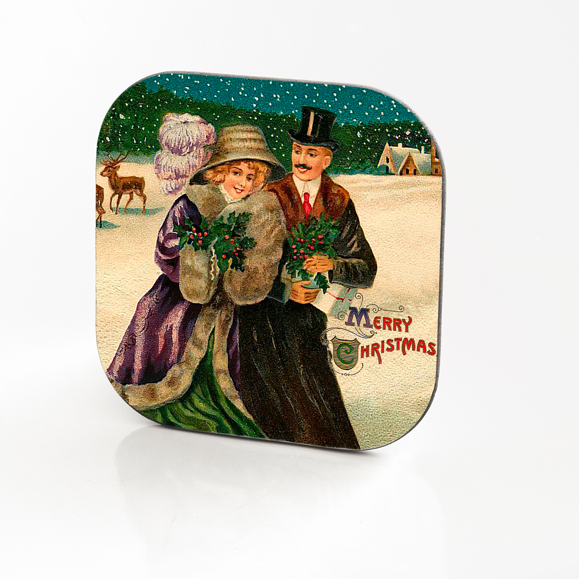 Vintage Christmas Postcard Hardboard & Fiberglass Coaster (e)