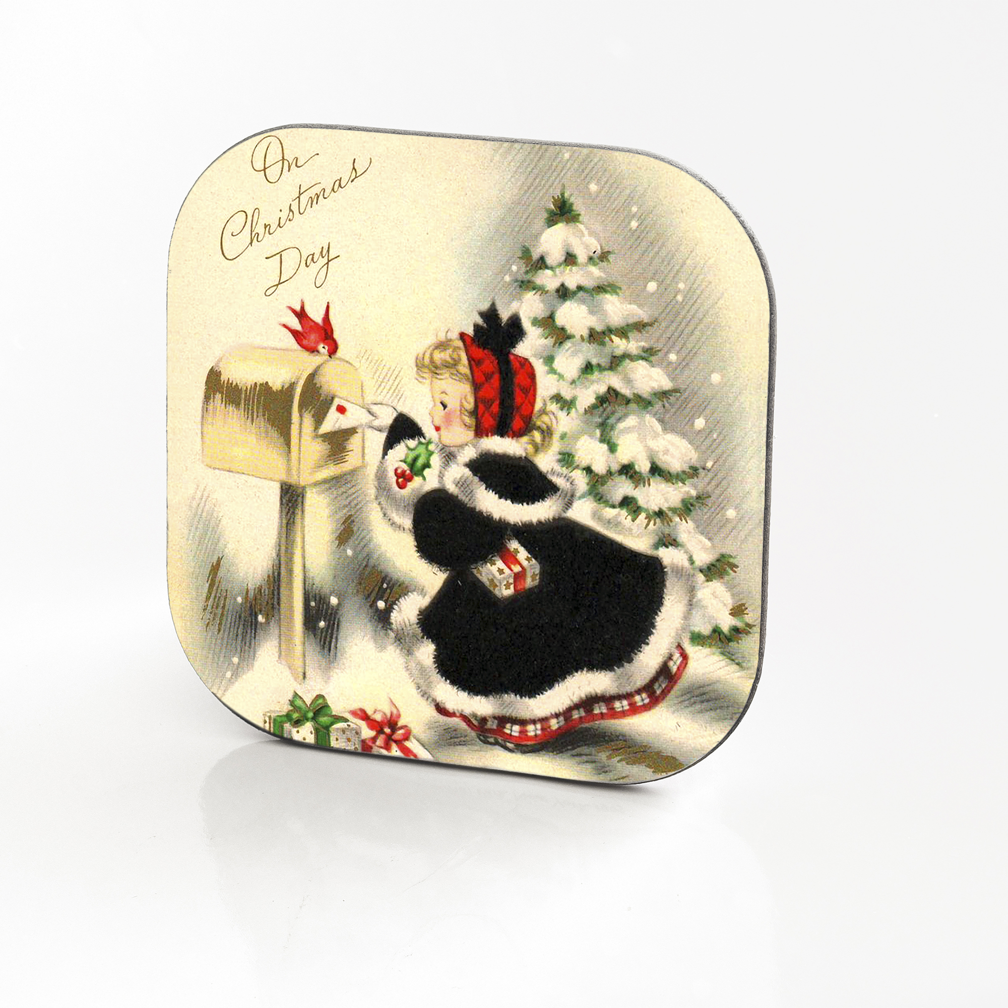 Vintage Christmas Postcard Hardboard & Fiberglass Coaster (g)