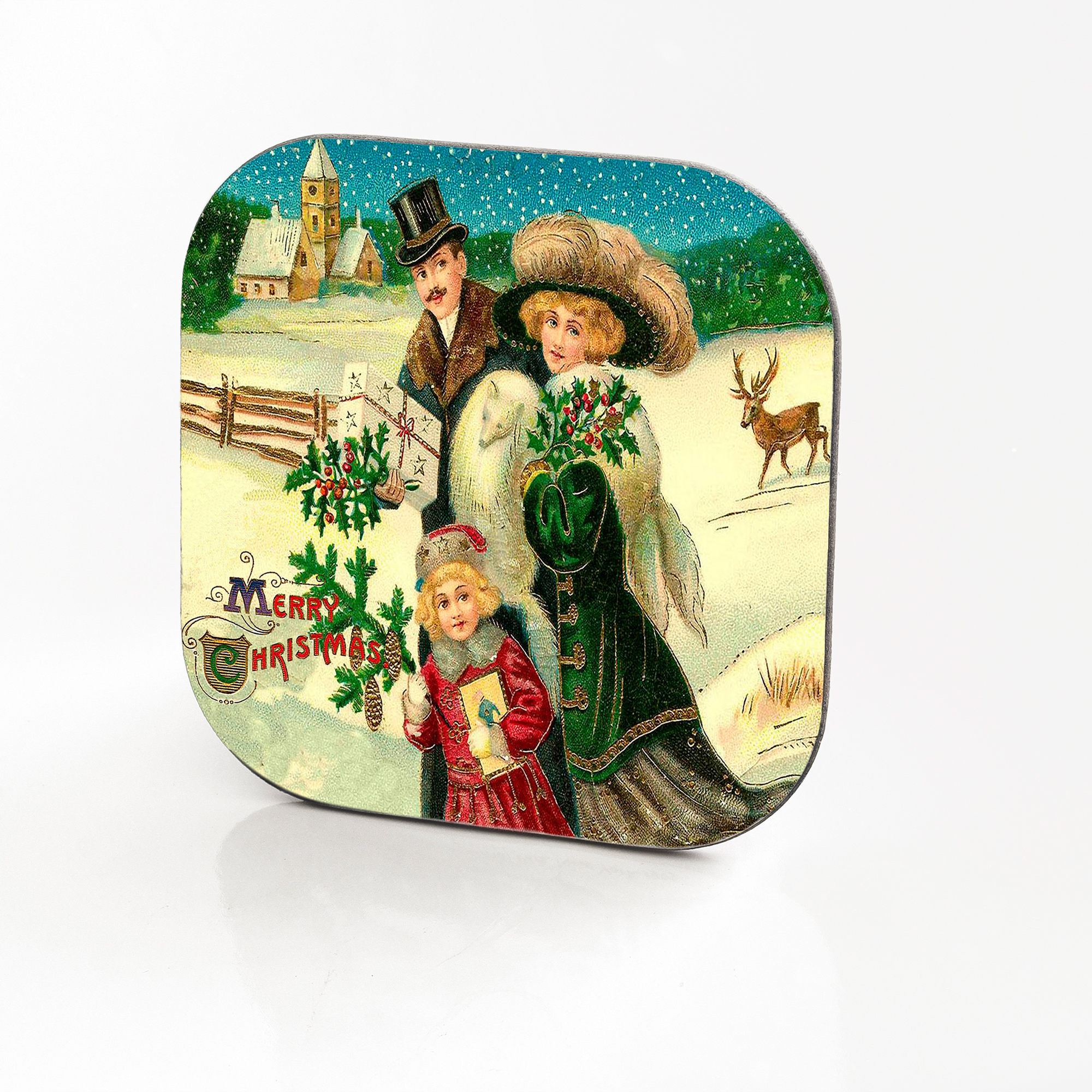 Vintage Christmas Postcard Hardboard & Fiberglass Coaster (k)