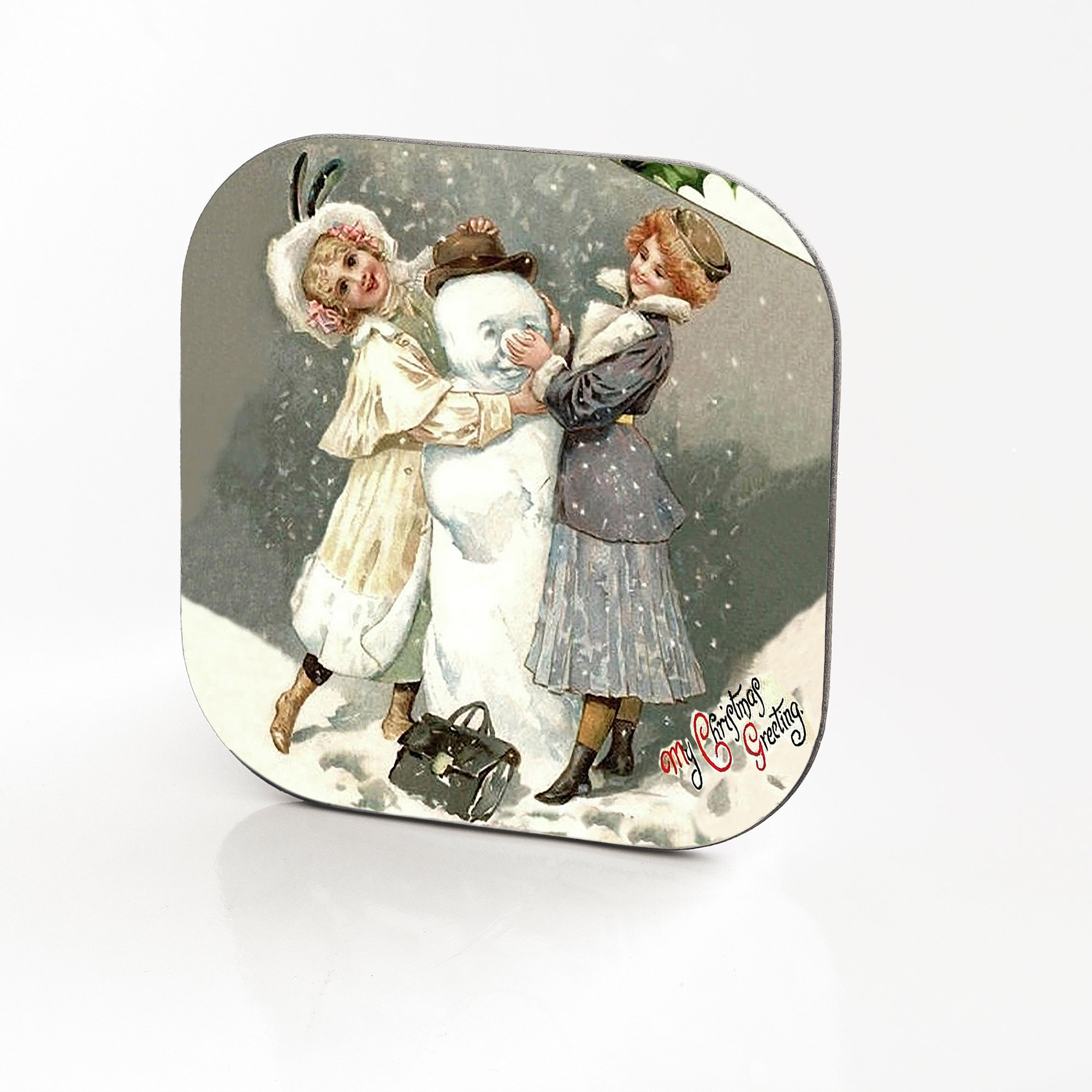 Vintage Christmas Postcard Hardboard & Fiberglass Coaster (h)