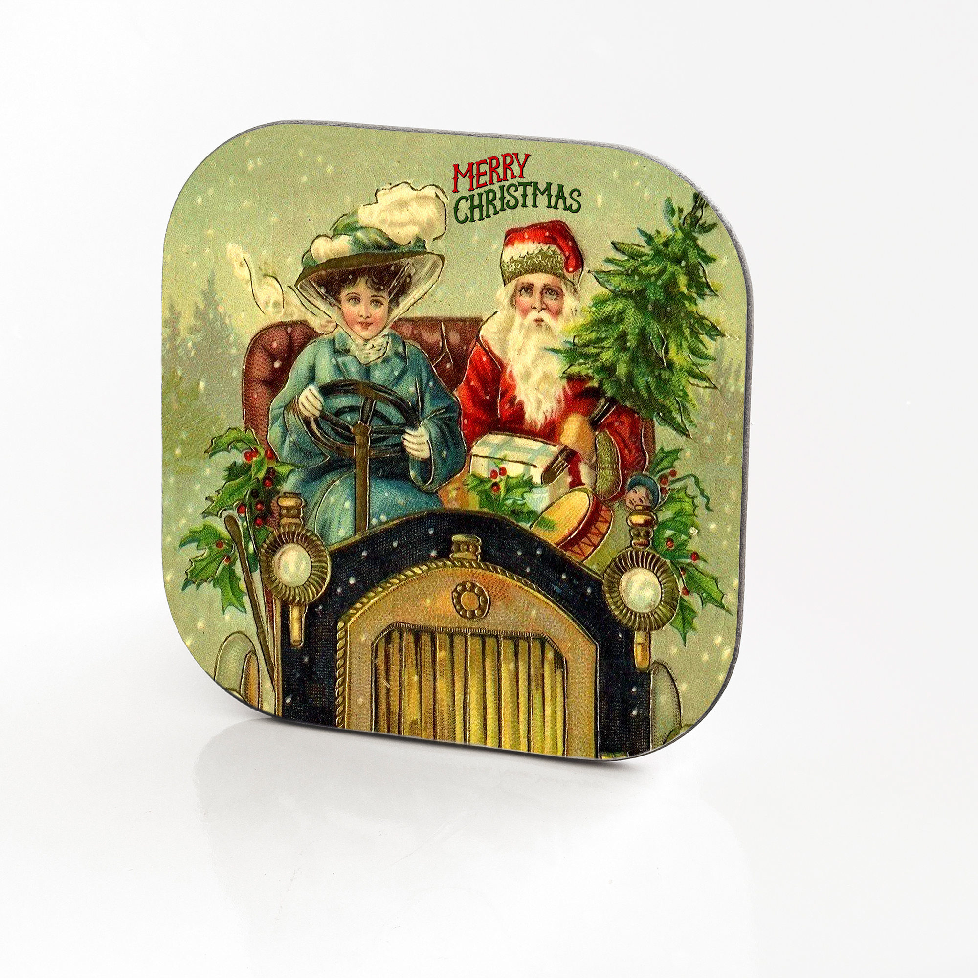 Vintage Christmas Postcard Hardboard & Fiberglass Coaster (j)