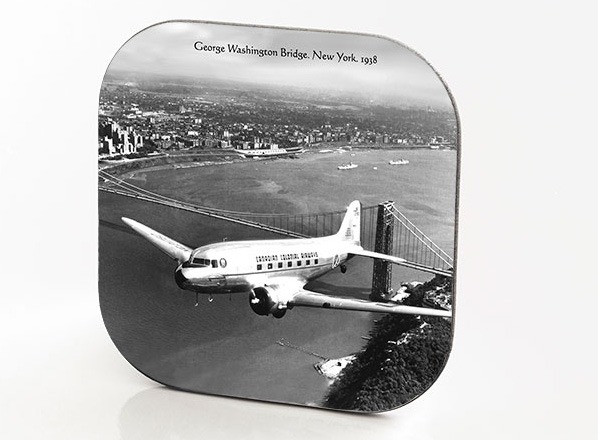 New York Hardboard & Fiberglass Coaster Bridges Collection: George Washington Bridge and "Douglas" DC-3. New York. 1938