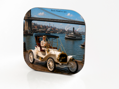 1910 Buick Model 10 hardboard and fiberglass vintage car coaster with New York waterfront
